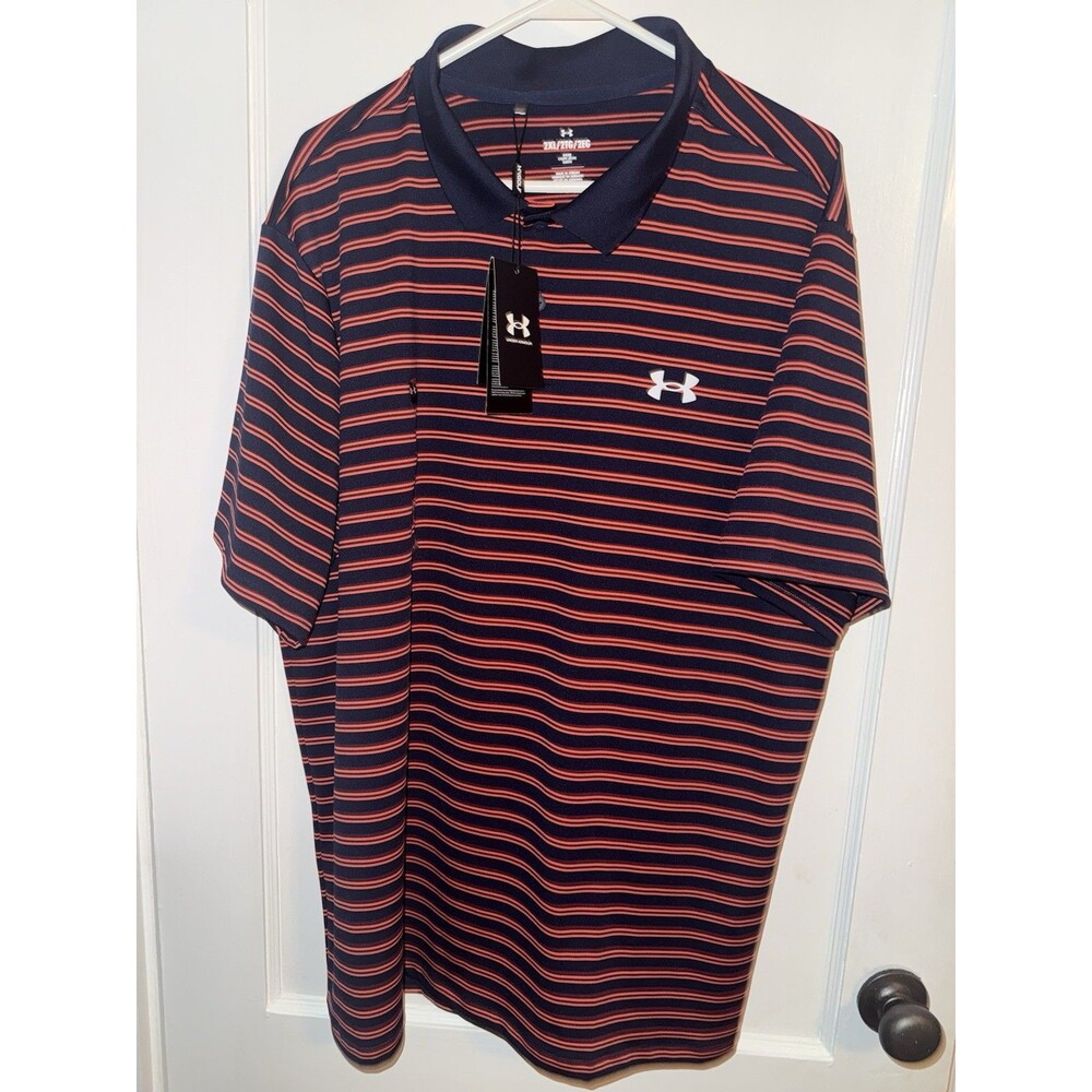 NWT Under Armour Golf Mens 2XL Loose Fit Polo Shirt Red Blue Striped